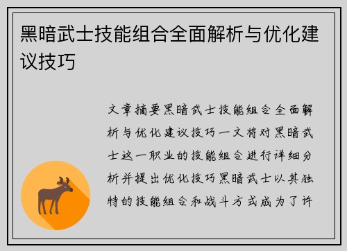 黑暗武士技能组合全面解析与优化建议技巧